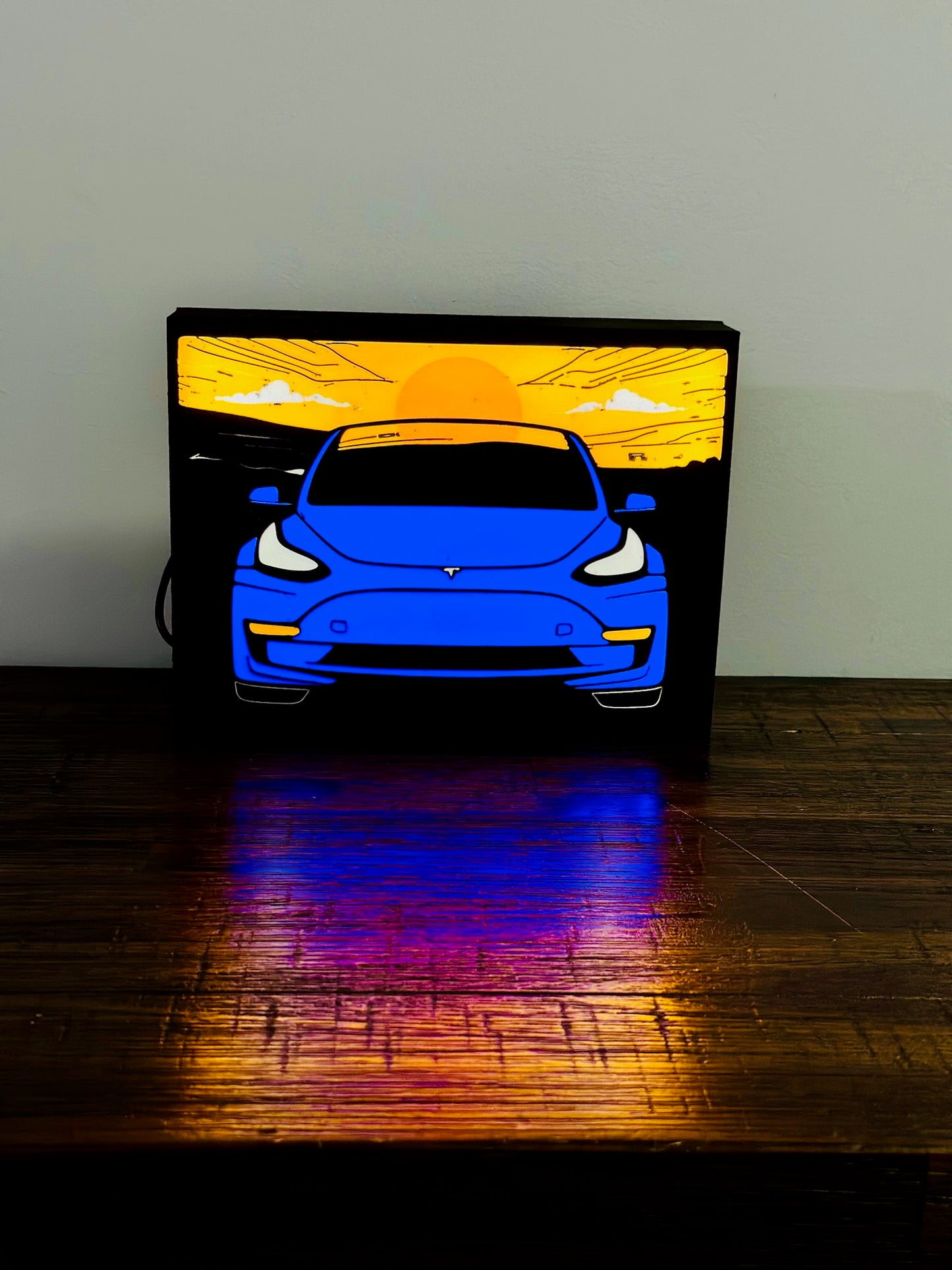 Tesla Model 3 - Stylised Car with Sunset - Night Light / Light Up Wall Art