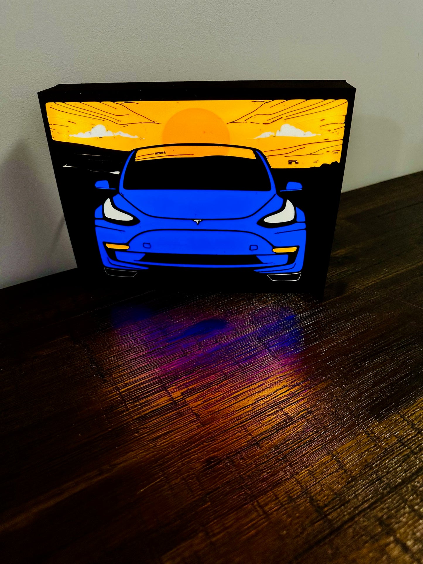 Tesla Model 3 - Stylised Car with Sunset - Night Light / Light Up Wall Art
