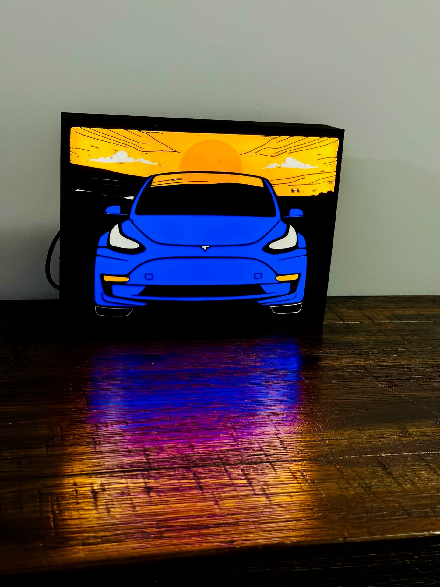 Tesla Model 3 - Stylised Car with Sunset - Night Light / Light Up Wall Art