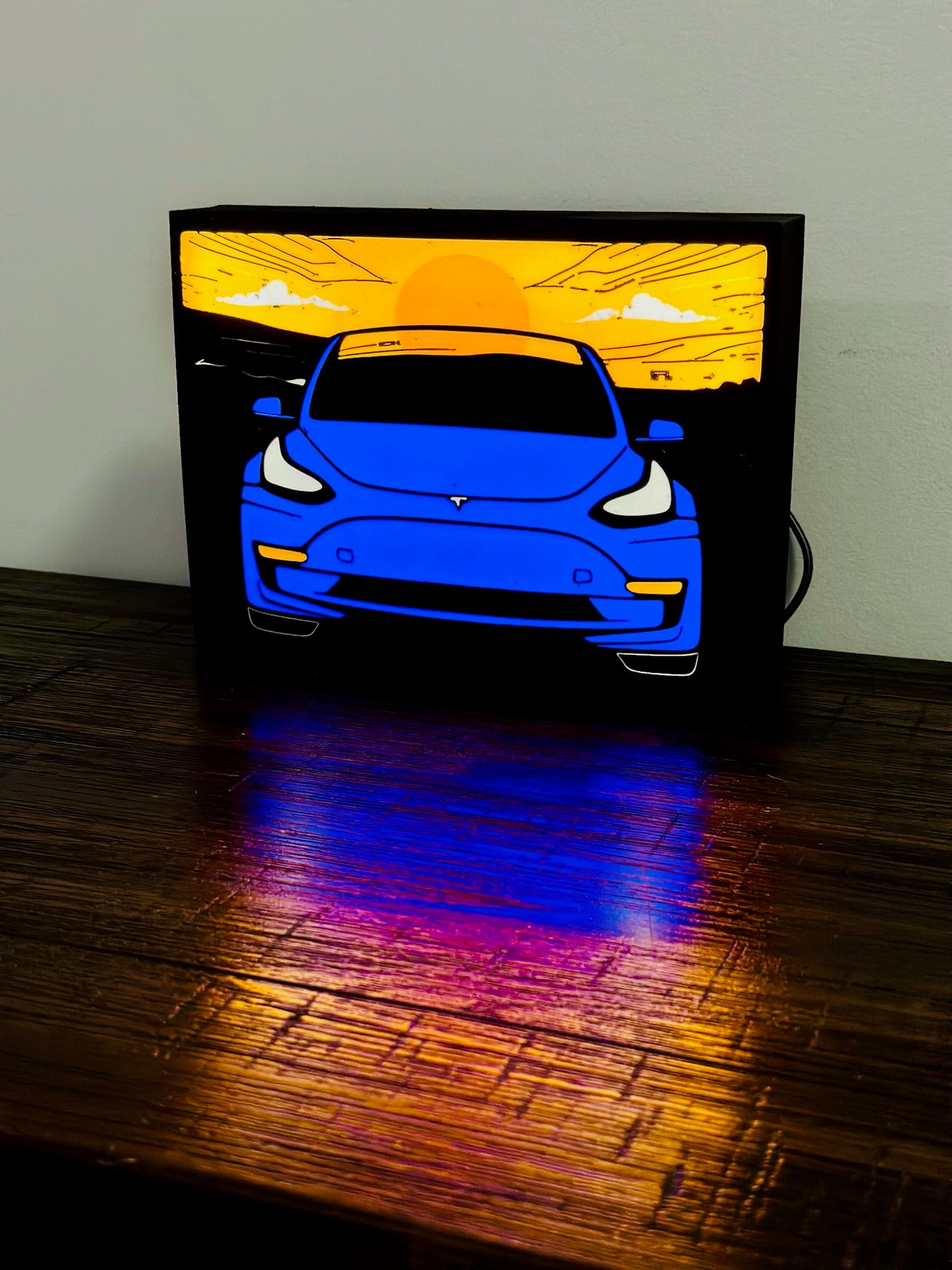 Tesla Model 3 - Stylised Car with Sunset - Night Light / Light Up Wall Art