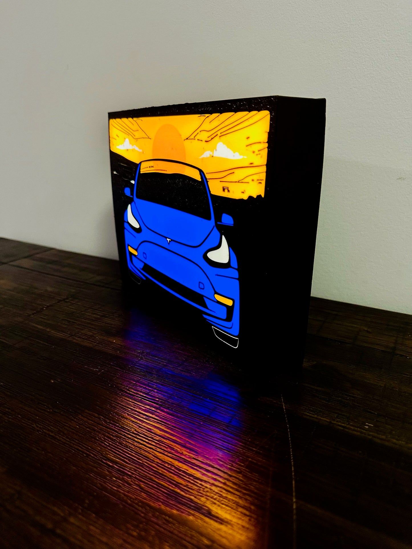 Tesla Model 3 - Stylised Car with Sunset - Night Light / Light Up Wall Art