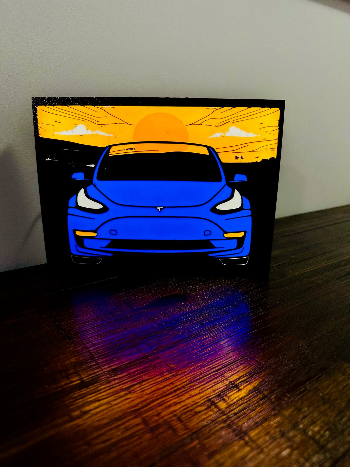Tesla Model 3 - Stylised Car with Sunset - Night Light / Light Up Wall Art