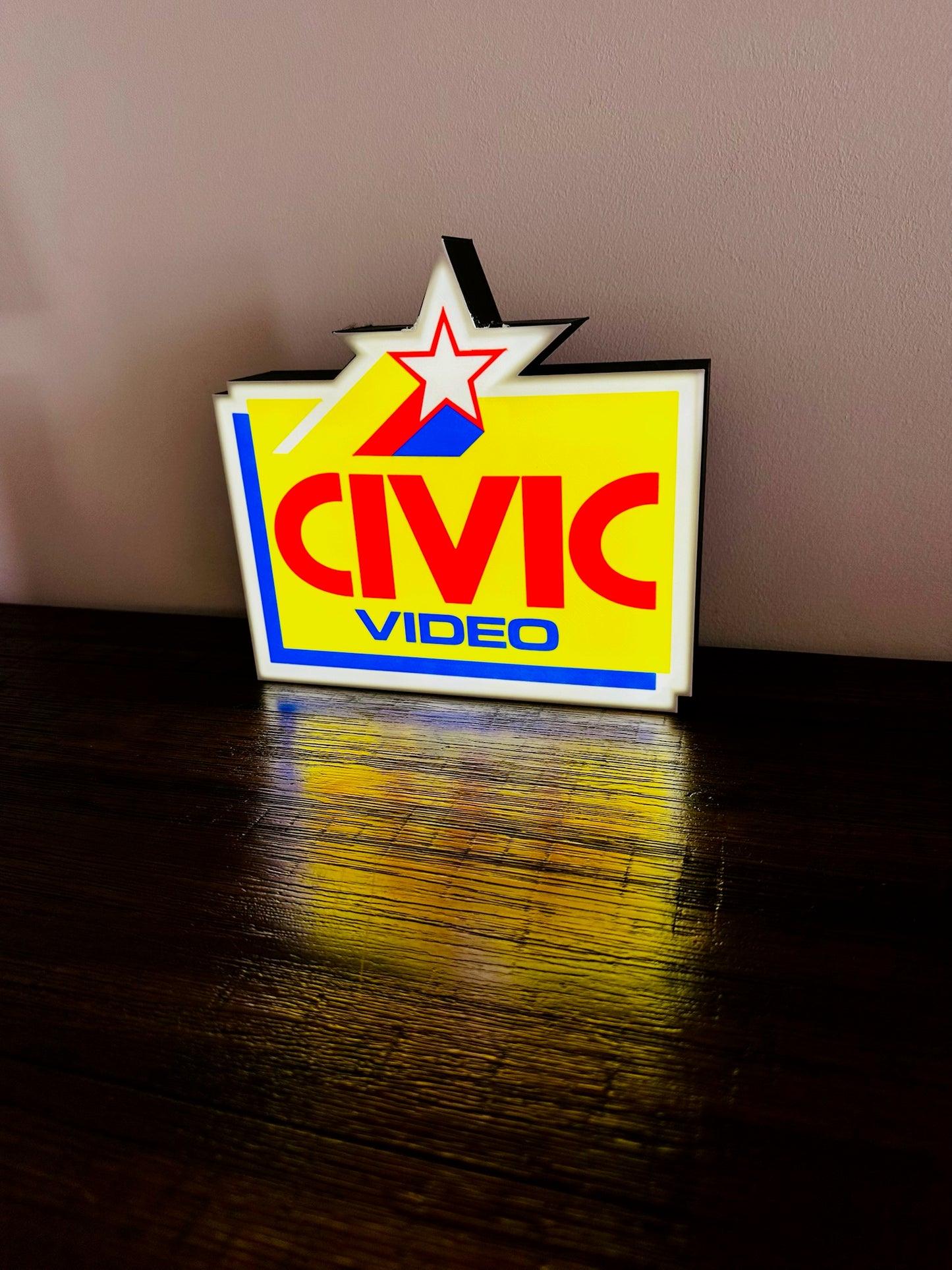 Civic Video Illuminated LED Sign, USB-Powered Night Light, Red, Yellow & Blue Wall Art