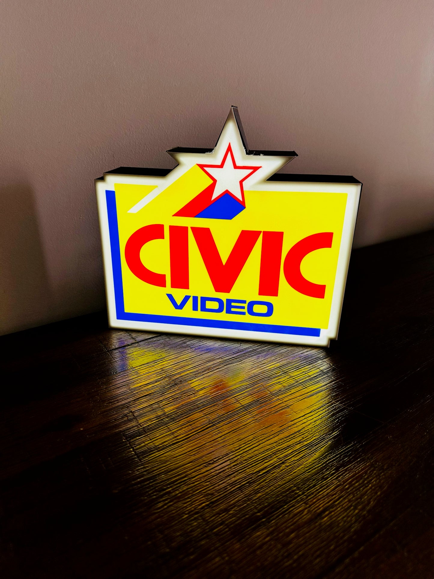 Civic Video Illuminated LED Sign, USB-Powered Night Light, Red, Yellow & Blue Wall Art