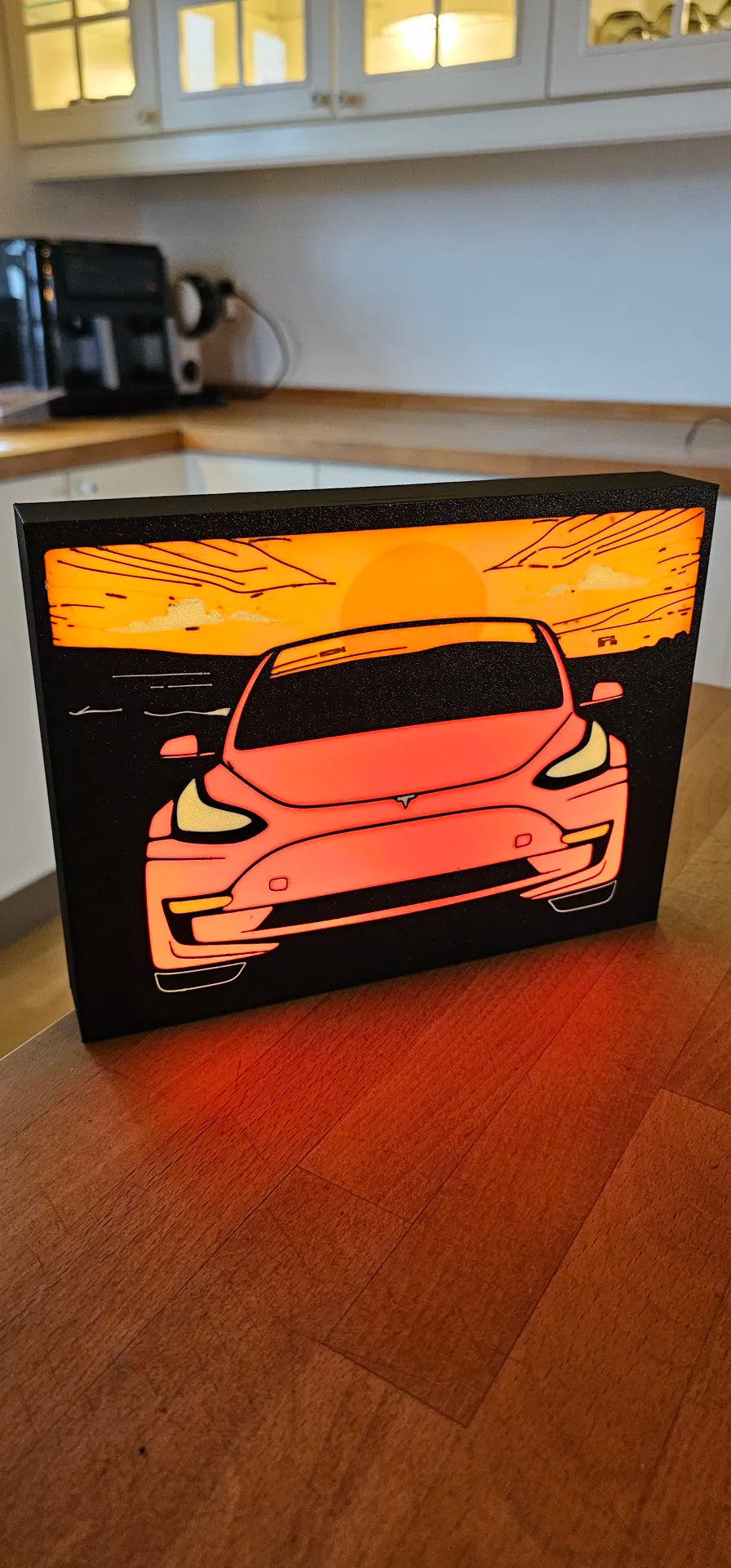 Tesla Model 3 - Stylised Car with Sunset - Night Light / Light Up Wall Art