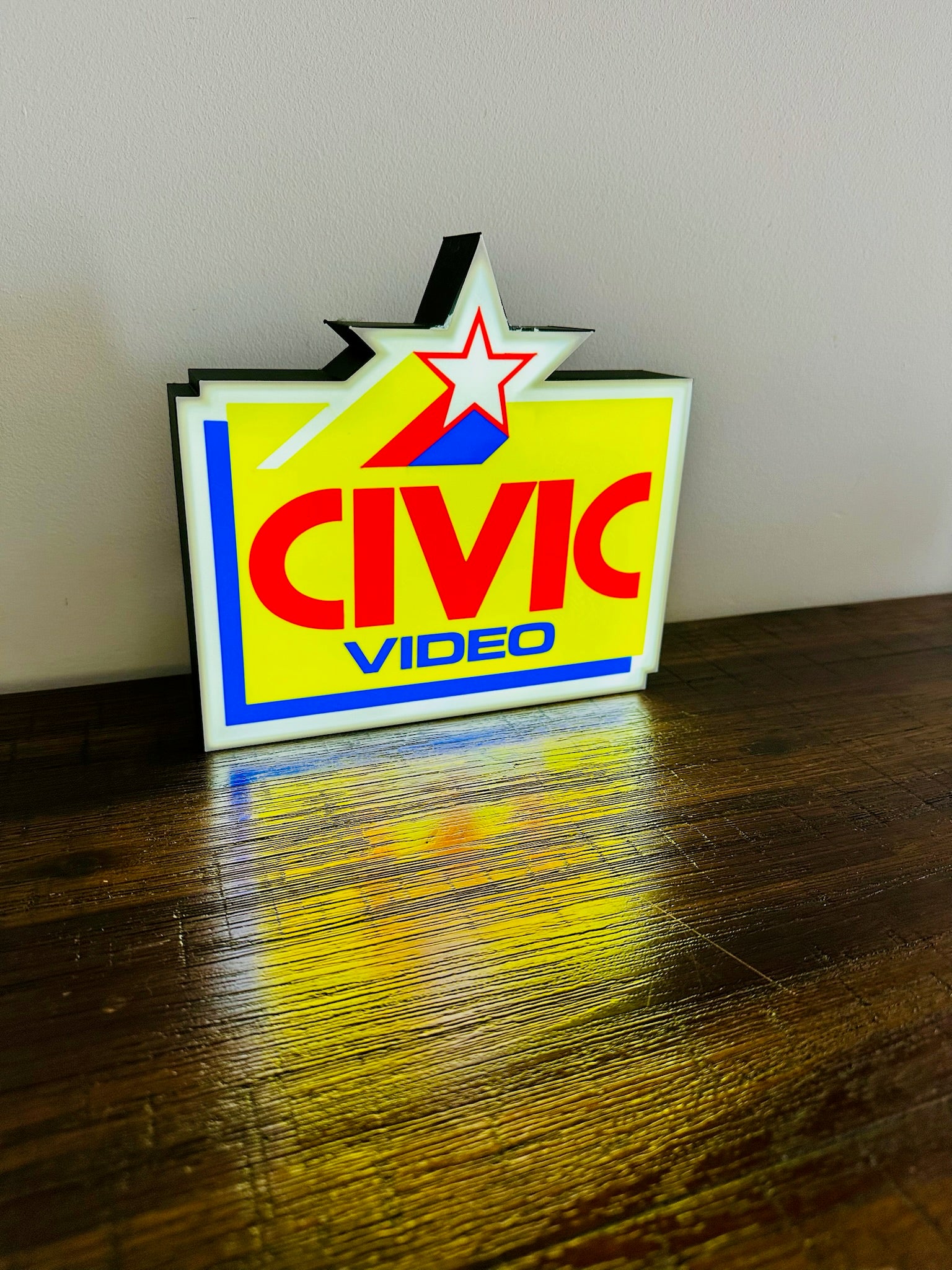 Civic Video Illuminated LED Sign, USB-Powered Night Light, Red, Yellow & Blue Wall Art