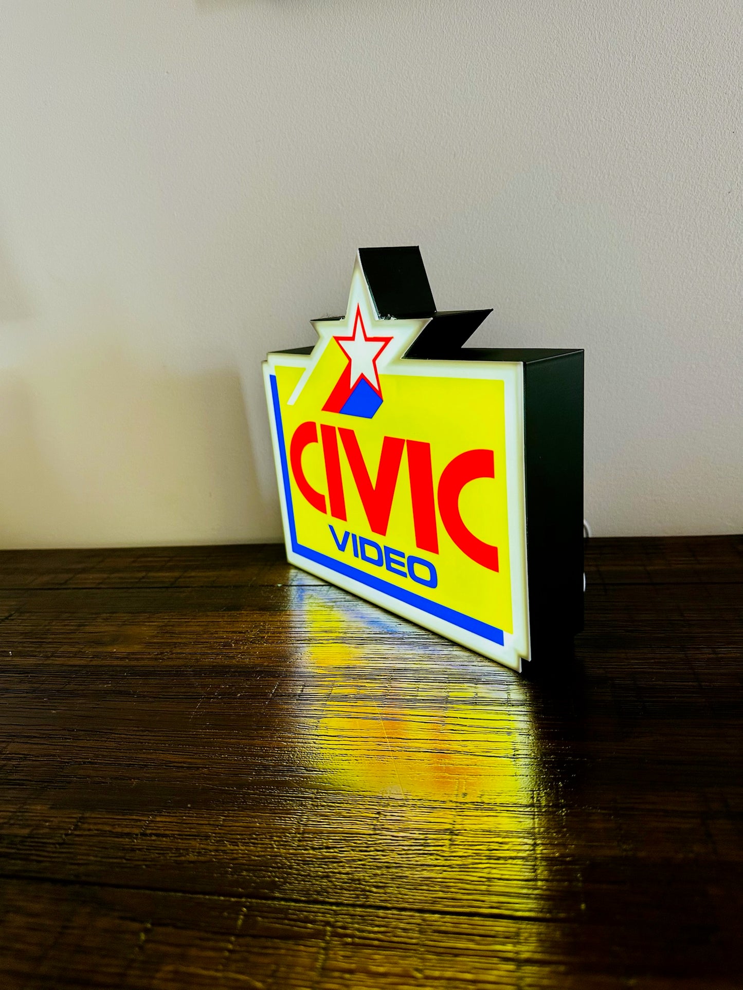 Civic Video Illuminated LED Sign, USB-Powered Night Light, Red, Yellow & Blue Wall Art